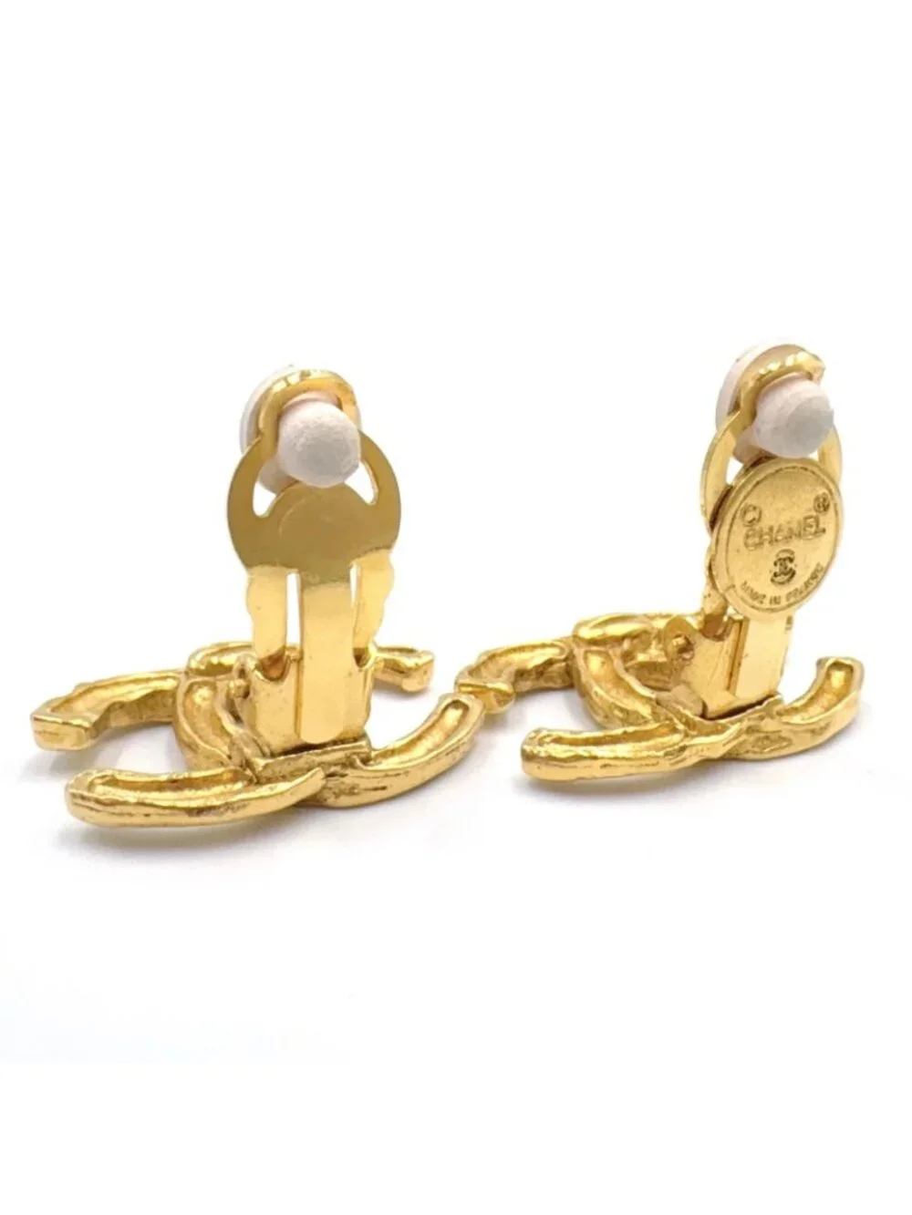 Chanel CC Logo Texture Gold Plated Earrings